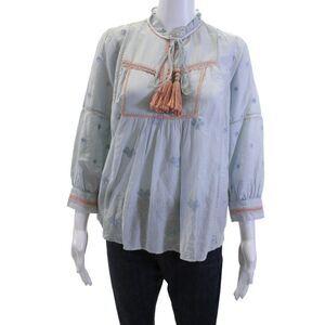 Let Me Be Women Tunic High Neck Floral Light Blue 3/4 Sleeve Cotton/Silk Size S